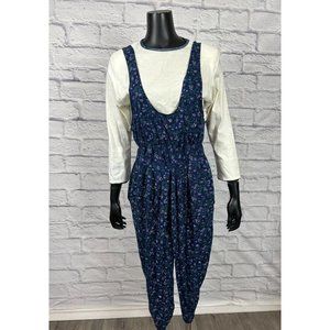 Paquette Too Blue Floral Romper Overall 10 & Long Sleeve Cream 8 Women's 90's‎